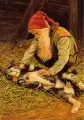 Thumbnail of postcard 'Tomte and cat in barn'