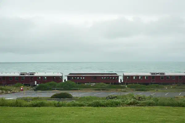 A train, diesel locomotive/passenger end cars and a single passenger car between them. Shot directly from the side, with the ocean in the background and a green strip of grass in the foreground