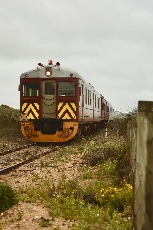 A diesel locomotive heading towards the camera, will go left of the viewer. The track is sandy with coastal greenery seen on the right.