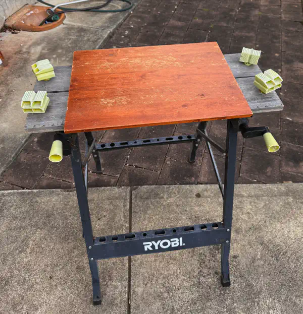 Tabletop on a sawhorse, ready for sanding